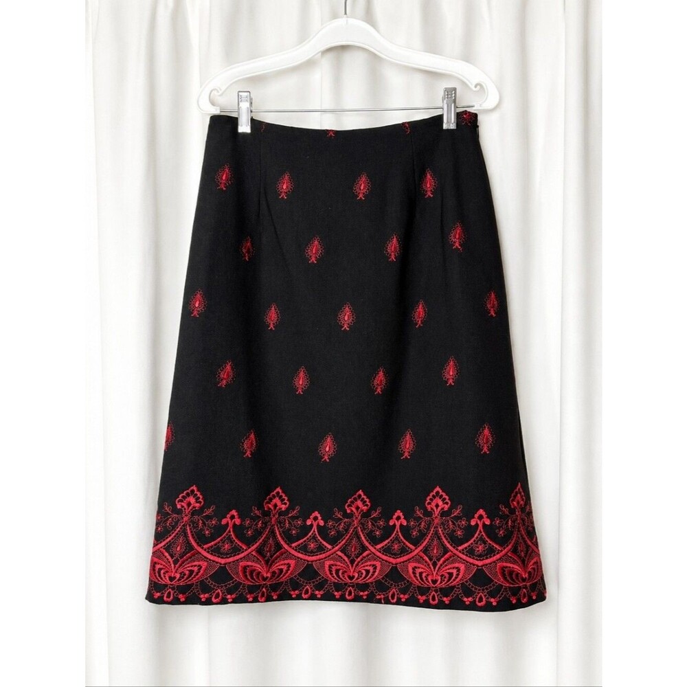 Oscar De la Renta Wool Blend Black Red Embroidery A-Line Baroque Designer Skirt
